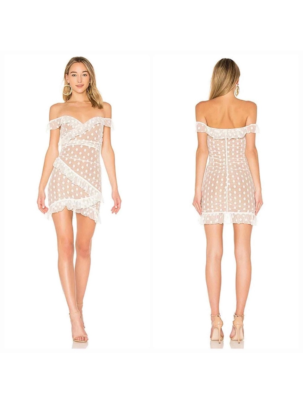 MAJORELLE Bandit Mini Dress White Brown Medium Off-Shoulder White Polka Dot Lace
